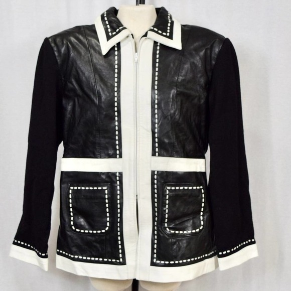 DONNA LEPURE genuine Italian  leather black & white jacket size XXL - Picture 1 of 3